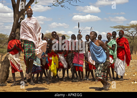 Samburu warriors dancing, Kenya, Samburu capitolo Gebiet, Isiolo Foto Stock