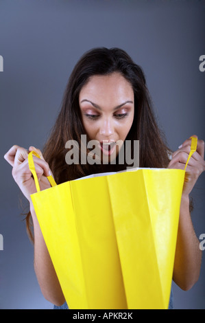 Donna con le borse della spesa Foto Stock