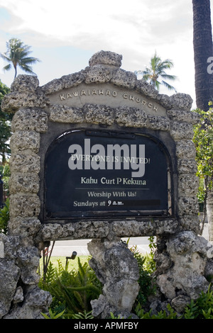 Storica Chiesa Kawaiahao segno Honolulu Hawaii USA Foto Stock