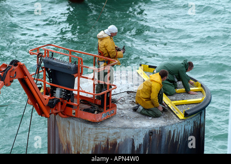 Marine gli ingegneri che lavorano su grandi calcestruzzo palo di ormeggio nel porto di Dunkerque Francia del nord Europa Foto Stock