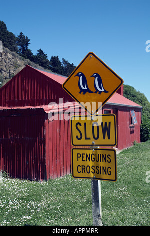 Lenta di attraversamento dei pinguini di firmare/rustico rosso versato, portando a blu colonia di pinguini, Waterfront Road, Oamaru, Isola del Sud, Nuova Zelanda Foto Stock