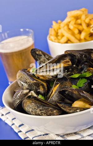 Moules Marinière Cozze Francia Belgio cibo Foto Stock