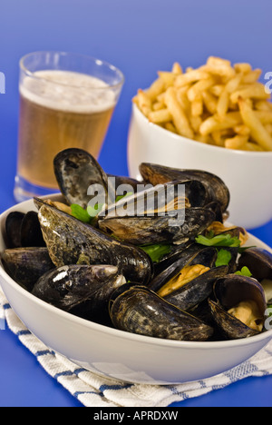 Moules Marinière Cozze Francia Belgio cibo Foto Stock