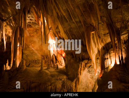 Stalattiti e stalagmiti nelle caverne di Jenolan, Blue Mountains, Australia Foto Stock