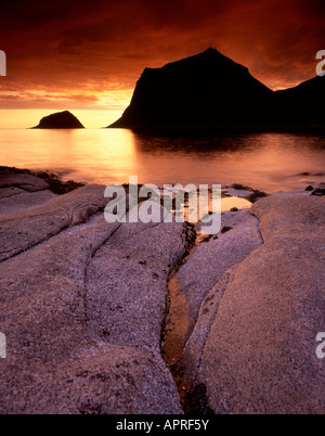 Tramonto norvegese, Vikspollen, Isole Lofoten. Foto Stock