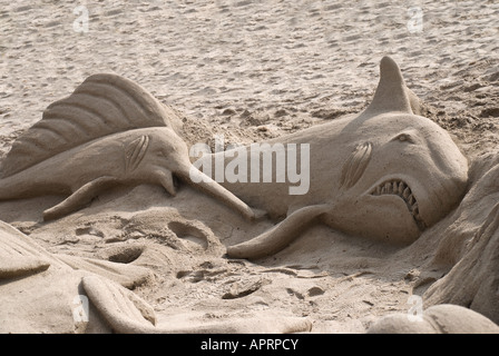 La scultura di sabbia sulla spiaggia Foto Stock