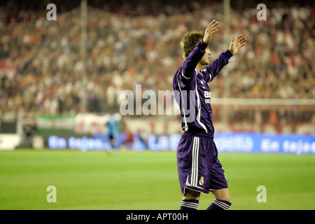 Beckham celebrando un obiettivo. Foto Stock