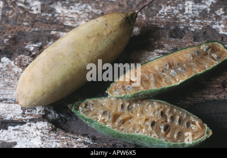 Banana rosa di granadiglie (Passiflora mollissima), frutta, tagliati a metà Foto Stock