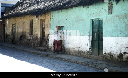 Semplice, case dipinte lungo la strada principale del rame città mineraria Corocoro. Bolivia Foto Stock