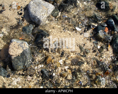 Ciottoli e pietre in un fiume che scorre verso il mare Foto Stock