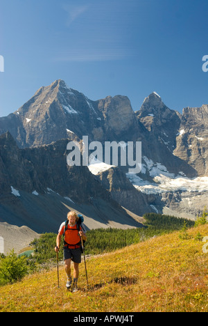 Escursionista presso Goodsir Pass Mount Goodsir 3567m 11 703 in background Kootenay National Park della Columbia britannica in Canada Foto Stock