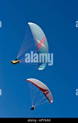 Due parapendii visto da sotto contro un profondo cielo blu Foto Stock