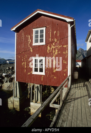 Un tipico pescatore casa rossa chiamato rorbu a Henningsvaer Isole Lofoten in Norvegia Foto Stock