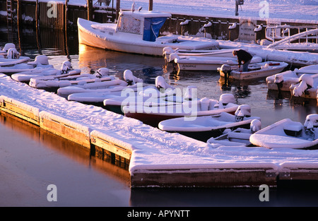 Un pescatore di badili la neve fuori del suo skiff presso il molo di pesca in Stonington, Maine, la mattina dopo una grande caduta di neve. Foto Stock