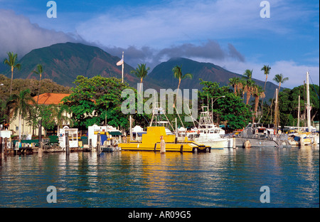 Vista del porto di Lahaina al tramonto Maui Hawai USA Foto Stock