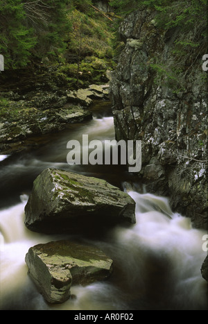 Scozia Highlands scozzesi Cainrgorm PARCO NAZIONALE IL che scorre veloce cascate del fiume pattack e bosco circostante Foto Stock