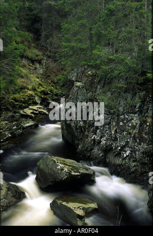 Scozia Highlands scozzesi Cainrgorm PARCO NAZIONALE IL che scorre veloce cascate del fiume pattack e bosco circostante Foto Stock