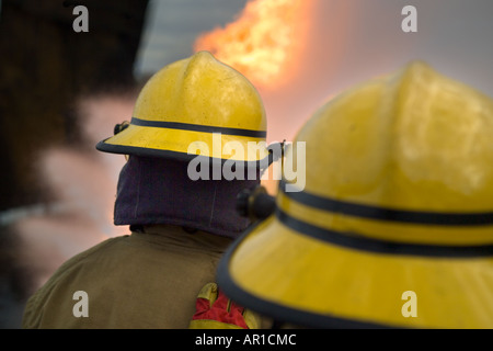 2 per i vigili del fuoco in giallo cappelli avanzando il fuoco dietro il tubo flessibile di acqua di protezione dello schermo Foto Stock