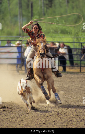 Cowgirl roping un vitello a valle Kispiox rodeo Kispiox British Columbia Foto Stock