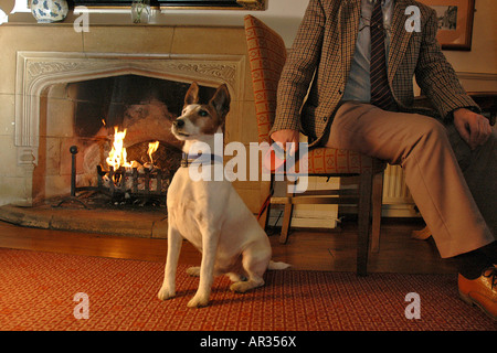 Uomo e cane davanti al camino Foto Stock