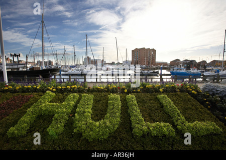 Letto di fiori a forma di scafo yacht e barche Hull Marina Kingston upon Hull East Yorkshire England Regno Unito Foto Stock