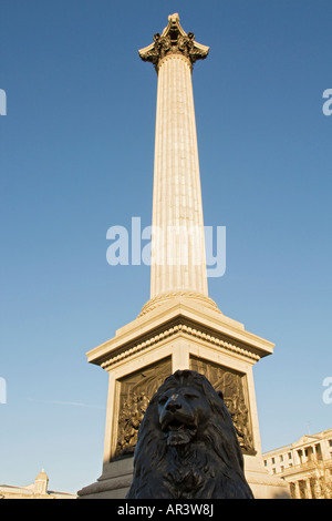 Leone di Bronzo a guardia di Nelson's Colonna a Londra,UK Foto Stock
