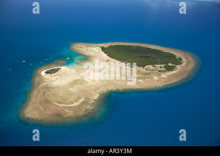 Bassa Isles reef a forma della mappa Australia Great Barrier Reef Marine Park vicino a Port Douglas North Queensland Australia antenna Foto Stock