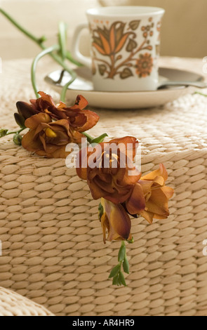 Tazza di caffè e fiore su un tavolo rattan Foto Stock