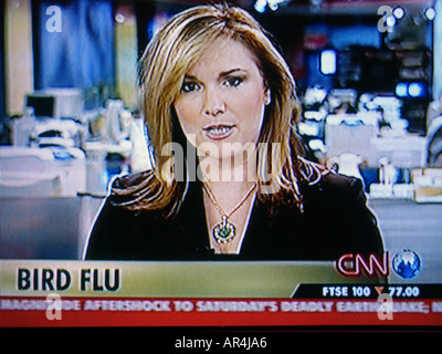 TV screen shot di una news report di ancoraggio epidemia di influenza aviaria sulla CNN news bollettino Foto Stock