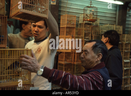 Il canto di un uccello e il venditore e il cliente ispezionare gli uccelli a Yuen Po Bird Park di Hong Kong Foto Stock