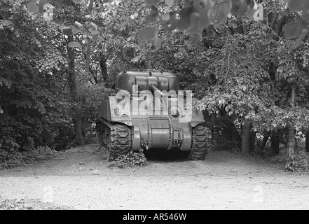 Sherman seconda guerra mondiale serbatoio parcheggiato in alberi in Oosterbeek nei pressi di Arnhem come omaggio ai soldati caduti. Foto Stock