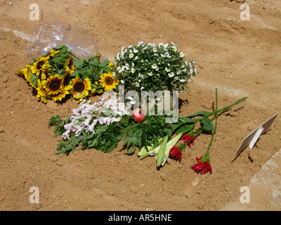 Luogo di sepoltura con corone di fiori freschi e fiori in Israele Foto Stock