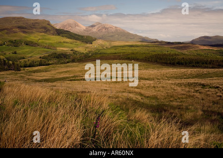 Le lontane colline arrotondate dei picchi di Broadford aggiungere dramma di un paesaggio selvaggio dalla strada a Elgol. Foto Stock