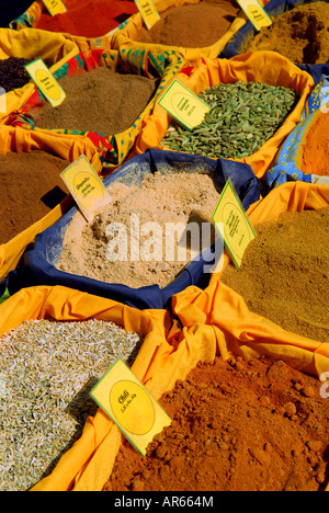 Un assortimento di spezie per la vendita su gli agricoltori francesi nel mercato Perigueux Francia Foto Stock