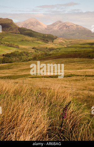 I picchi di Broadford dalla strada a Elgol sull'Isola di Skye. Foto Stock