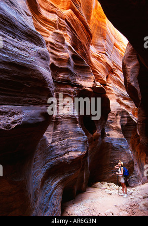 Donna escursionismo in daino, Gulch Paria-Vermillion deserto dello Utah Foto Stock