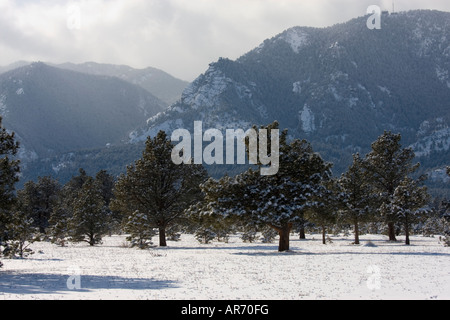 Bella Boulder Canyon su un snowy nuvoloso Colorado nebbioso pomeriggio invernale Foto Stock