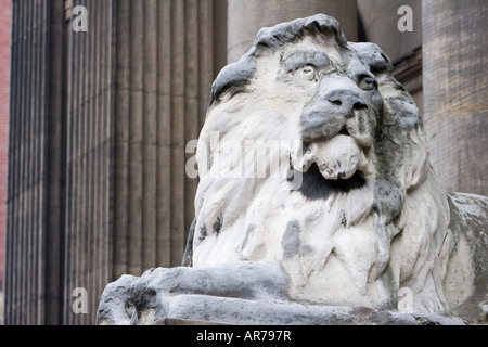 Un weathered leone di pietra al di fuori di Leeds City Hall a Leeds Regno Unito 12 Dicembre 2007 Foto Stock