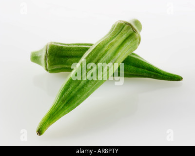 Fresche, Ochra Bhindi o Signore dita intere e non cotti contro uno sfondo bianco per tagliare Foto Stock