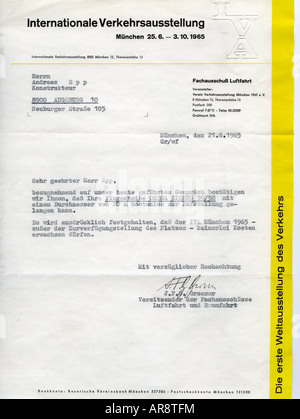 EPP, Joseph Andreas, 1914 - 1997, inventore tedesco, documenti, invito per la presentazione del suo piattino volante in IVA Monaco 1965, (fiera internazionale dei trasporti, 25.6.1965-3.10.1965), 1965, Foto Stock
