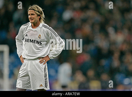 Del Real Madrid in David Beckham reagisce dopo manca un opportunità di cliente durante una partita di calcio a Madrid Foto Stock