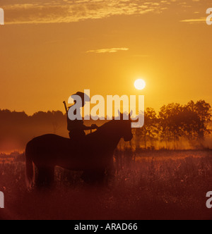 L'uomo con un fucile su cavallo al tramonto Foto Stock