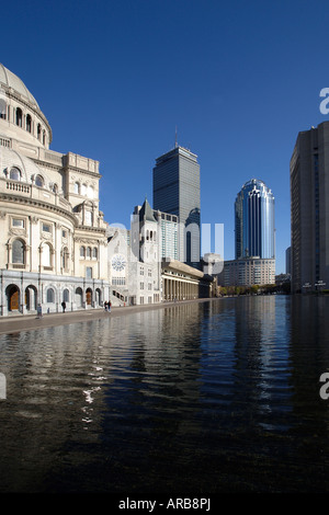 La prima chiesa di Cristo lo scienziato e prudenziali di edificio. La Scienza Cristiana Plaza, Back Bay di Boston, Massachusetts, STATI UNITI D'AMERICA Foto Stock