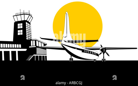 In aereo con la torre di controllo in background Foto Stock