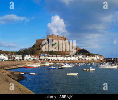 Castello di Mont Orgueil, porto Gorey, Jersey, Isole del Canale, REGNO UNITO Foto Stock
