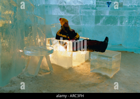 L'hotel di ghiaccio, vicino a Kiruna, Jukkasjarvi, Lappland, Svezia, Scandinavia, Europa Foto Stock