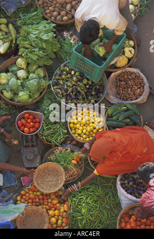 Vista aerea del mercato di frutta e verdura, Pushkar, stato del Rajasthan, India, Asia Foto Stock