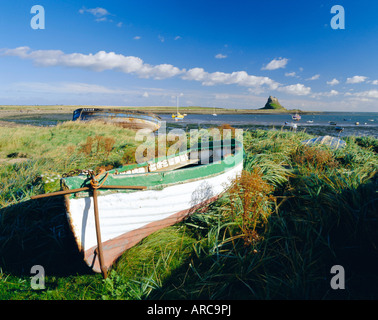 Guardando verso Lindisfarne Castle (NT) dal porto, Lindisfarne (Isola Santa), Northumberland, Inghilterra Foto Stock