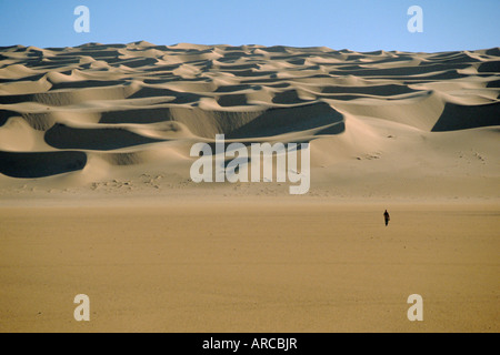 Deserto del Sahara con lone figura in primo piano, Amguid, Algeria, Africa Foto Stock