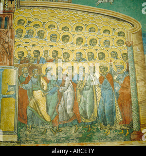 Affresco, dettaglio del Giudizio Universale, 1547, Voronet monastero chiesa, Moldavia, Romania Foto Stock